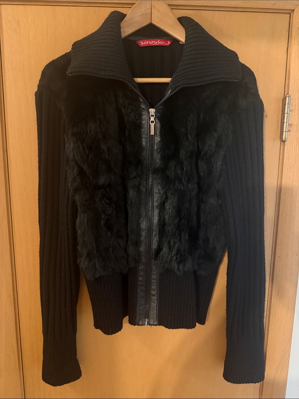 Jennyfer J Women’s Vtg Y2K Ribbed Knit Sweater Jacket Faux Fur Front Black 2X